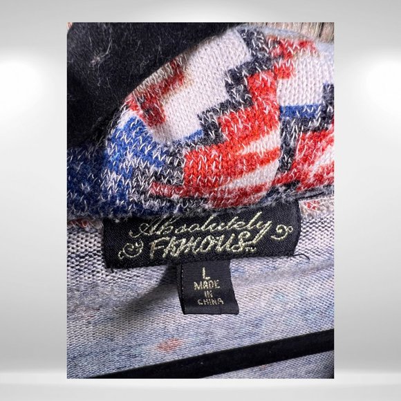 Absolutely Famous Blue & Orange Aztec Cowl Neck Knit Sweater, Lace Shoulders - Picture 6 of 7